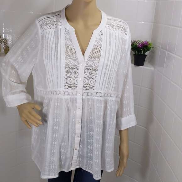 established Tops - Cb Established White Bohemian Button Shirt Top L